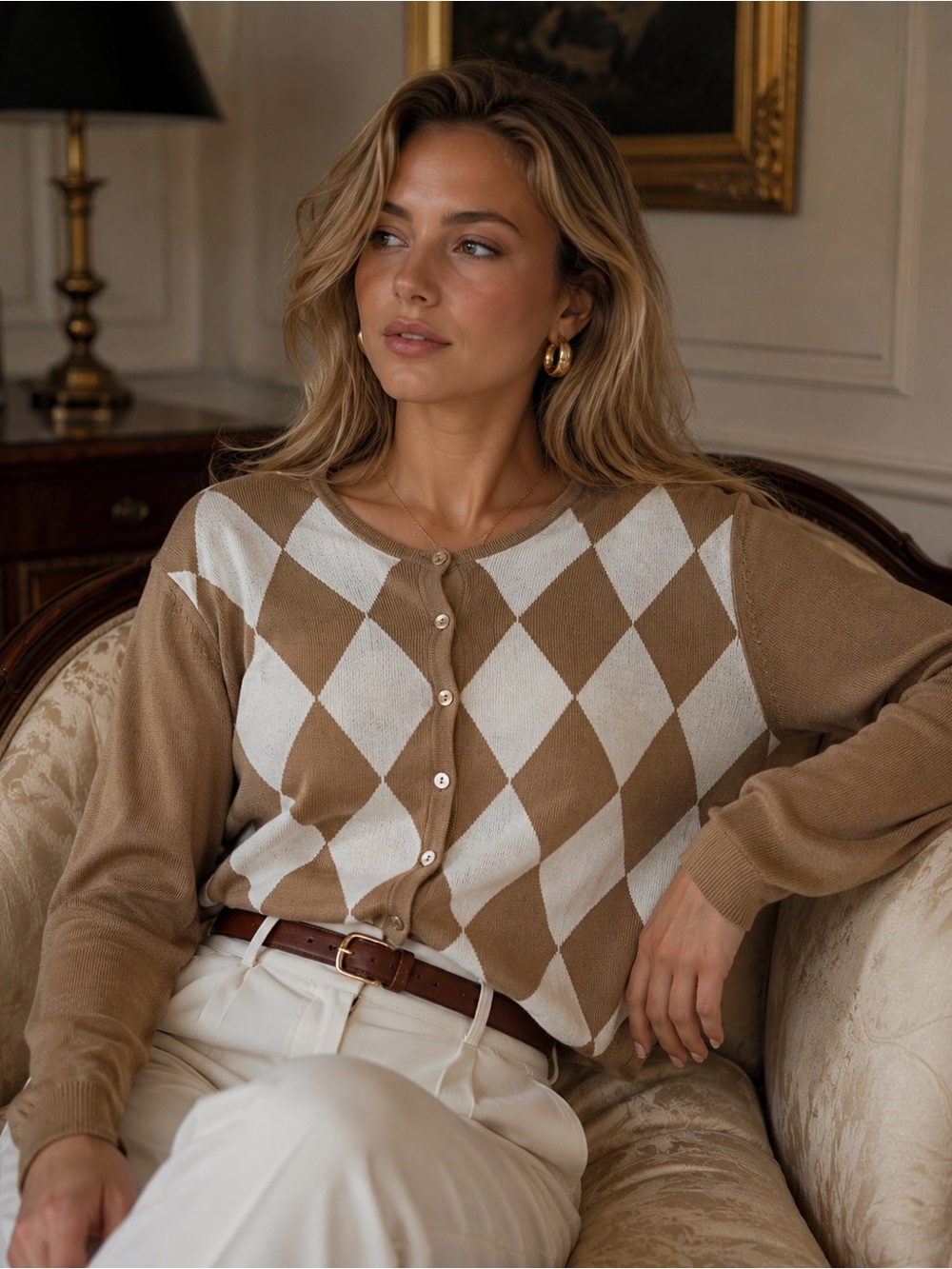 SUTTON STUDIO Camel & Cream Argyle Merino Wool Cardigan Sweater Large